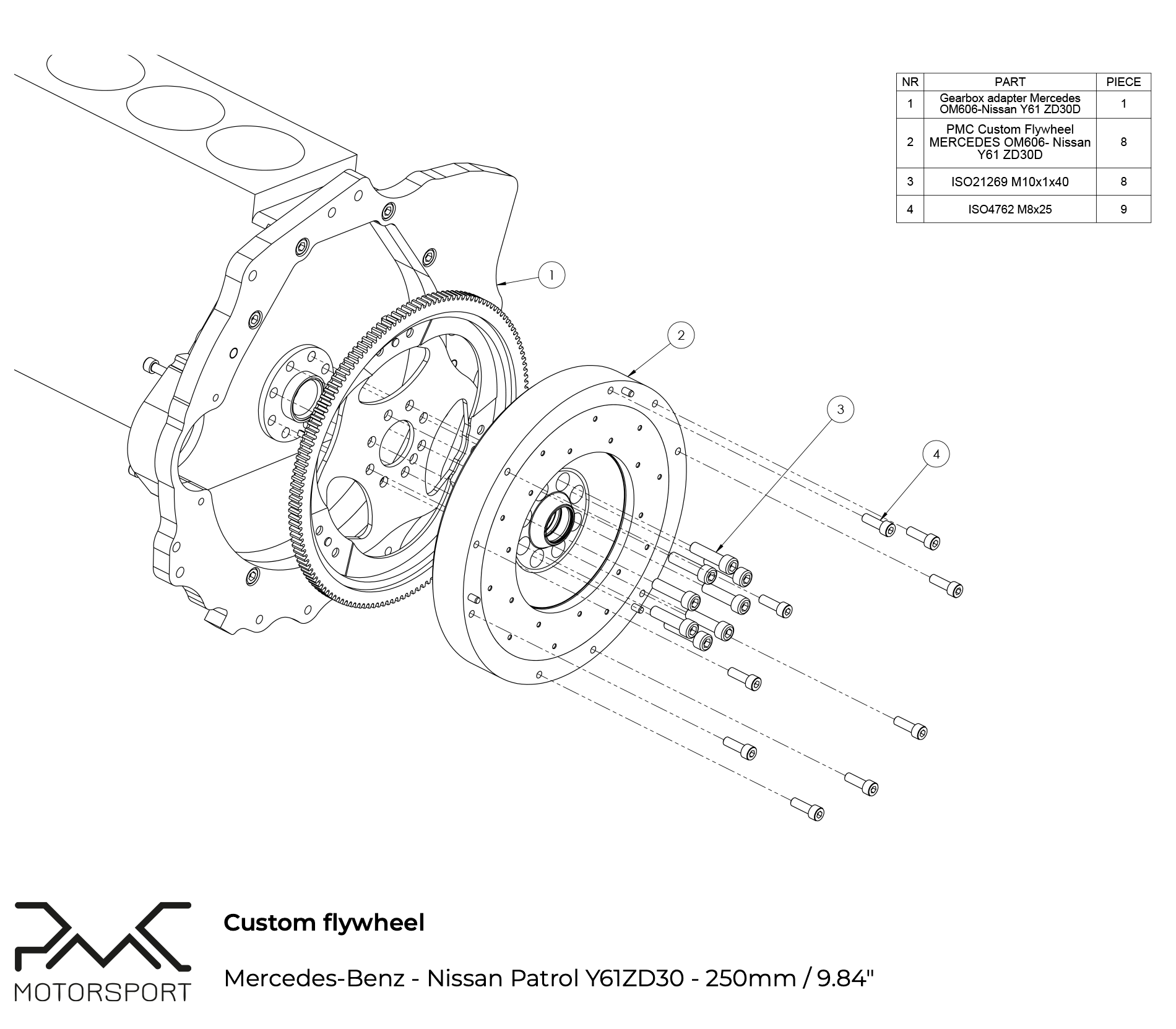 Adapter kit MB OM606 - Nissan Patrol Y61 ZD30 TD42 - 250mm
