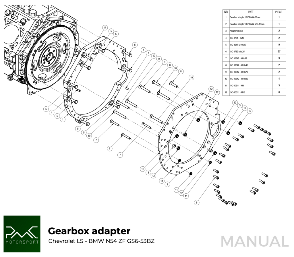 PMC Adapter Kit GM Chevrolet LSX - BMW M57N HGU HGK / N54 - 184mm / 7.25" (P)