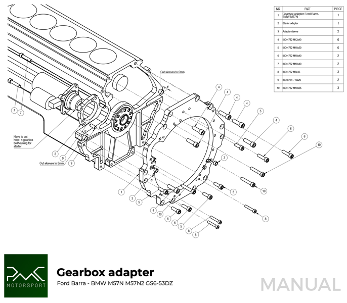 PMC Adapter Kit Ford Barra - BMW M57N HGU HGK / N54 - 184mm / 7.25" (P)