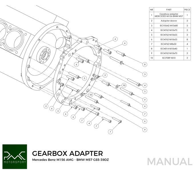 PMC Adapter kit Mercedes-Benz M156 - BMW M57 / E46 S54 M3 - 184mm / 7.25"