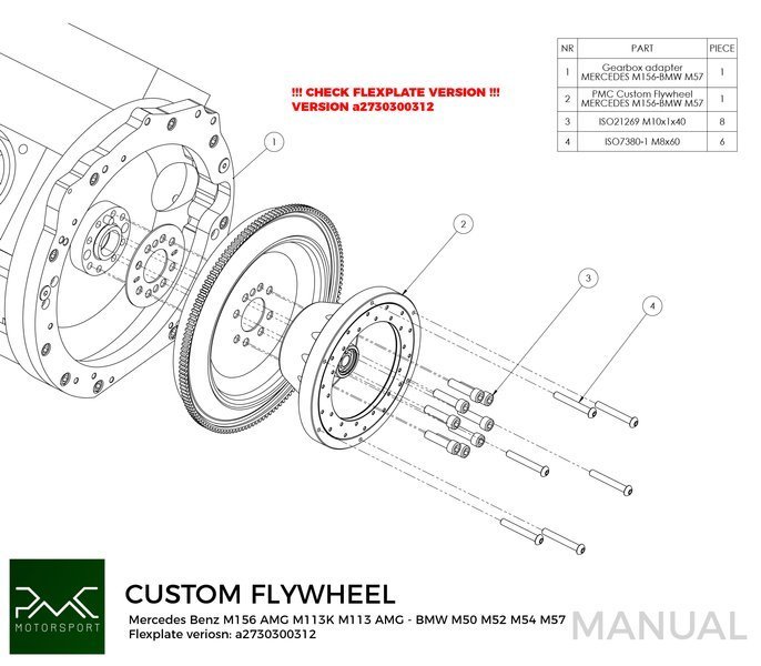 PMC Adapter kit Mercedes-Benz M113 - BMW M57 / E46 S54 M3 - 184mm / 7.25"