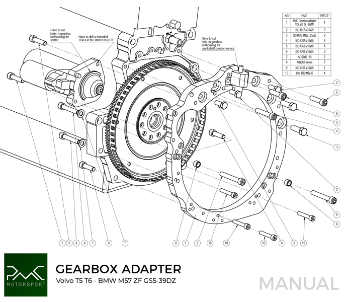PMC Adapter Kit Volvo T - BMW M57N HGU HGK / N54 - 240mm / 9.45"