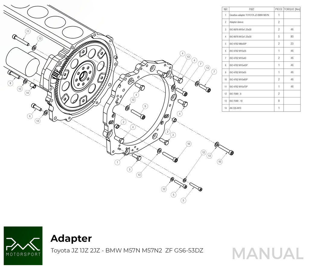 PMC Adapter Kit Toyota JZ - BMW M57N HGU HGK - 228mm / 8.98"