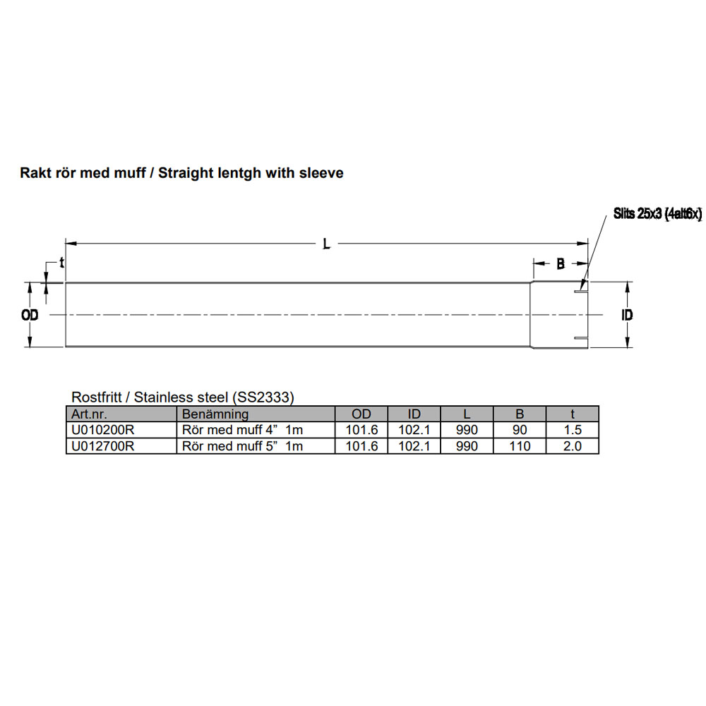 Exhaust tube 1000 mm 4 inch Stainless (102mm)