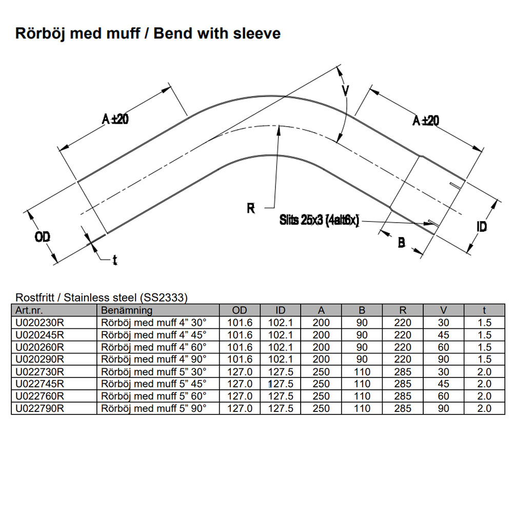 Bent exhaust tube 45° 5" Stainless (127mm)