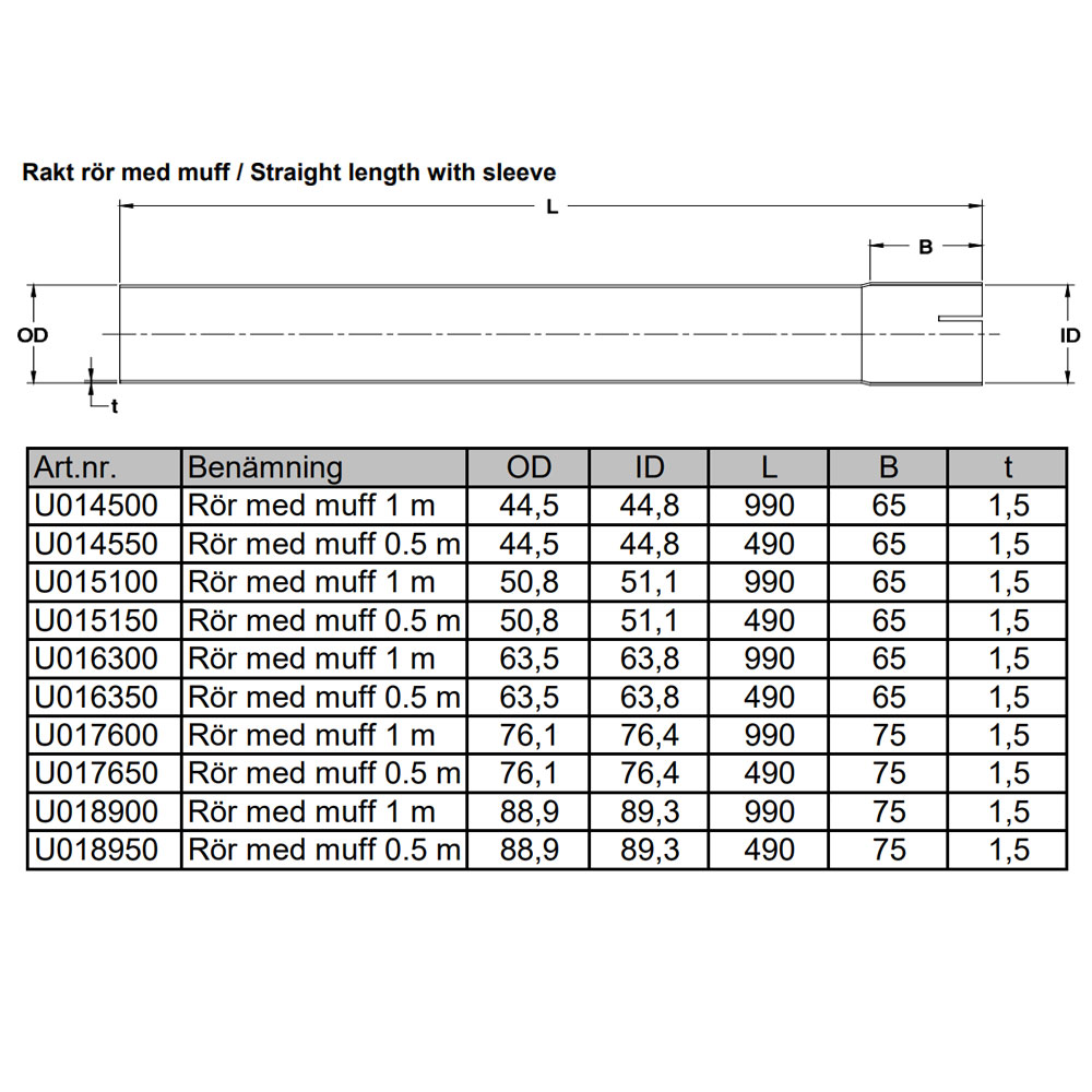 Exhaust tube 1000 mm 1 3/4 inch SS (44,5mm)