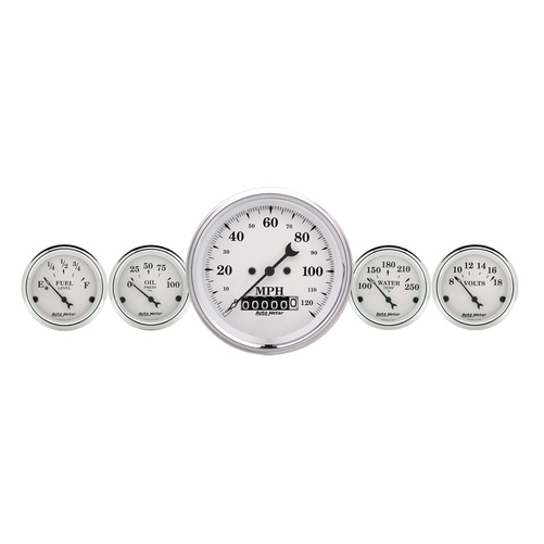5 Pc. Gauge Kit, 3-3/8" & 2-1/16", Elec. Speedometer, Old Tyme White