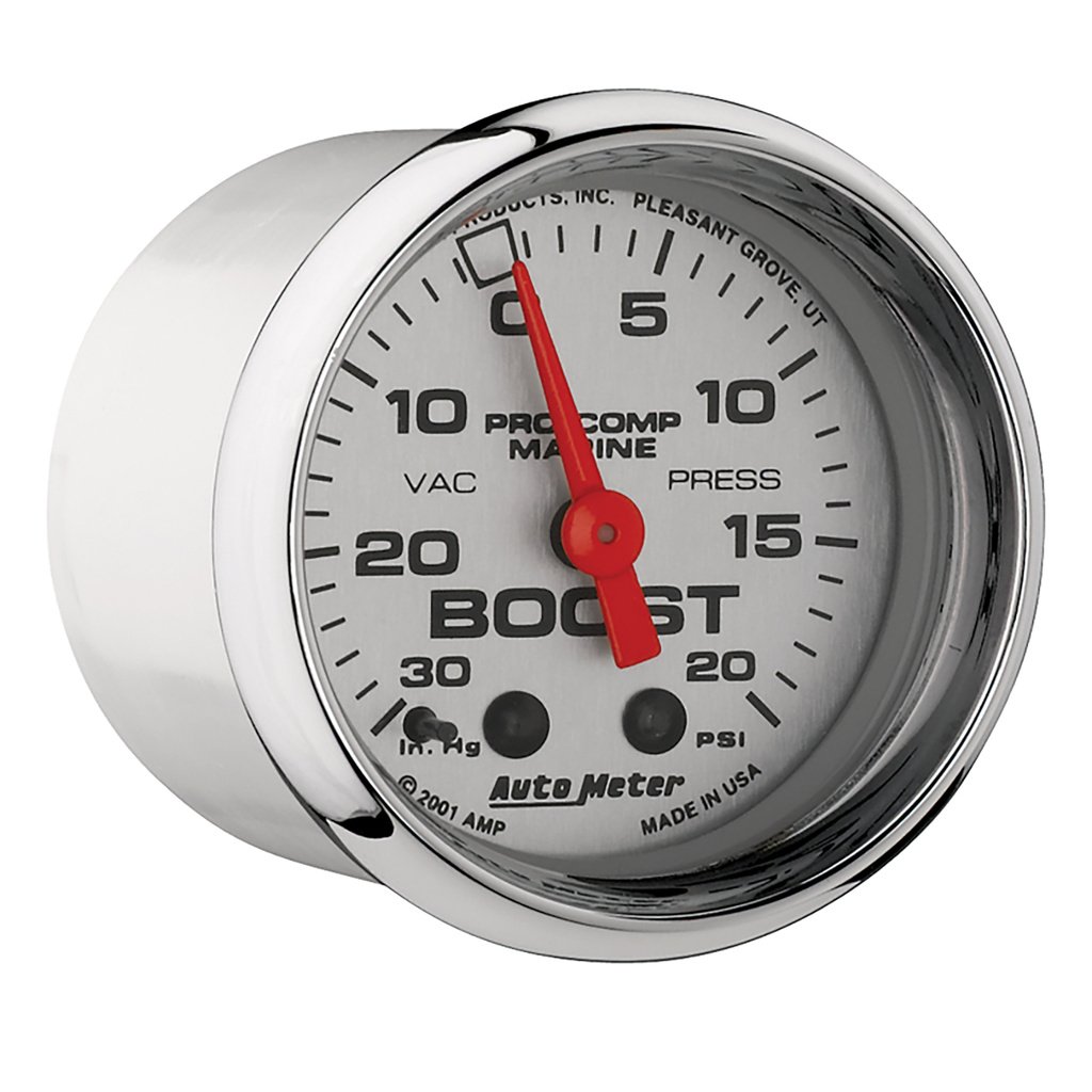 2-1/16" Vacuum/Boost, 30 In Hg/20 Psi, Marine Chrome Ultra-Lite